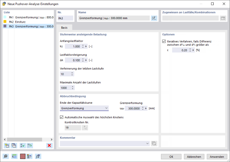 Dialog 'Neue Pushover-Analyse-Einstellungen'