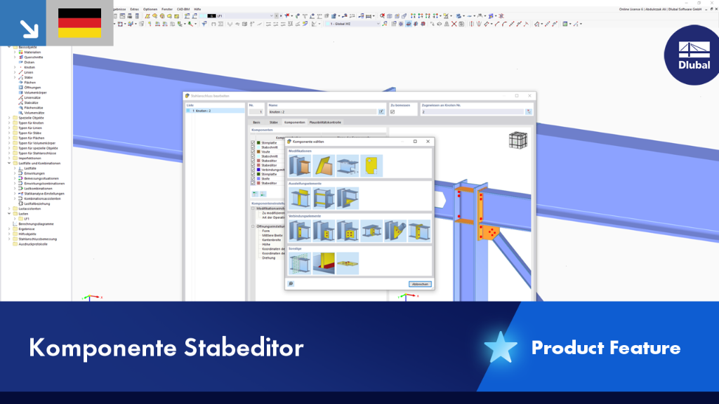 Stabeditor zeigt die Einstellungen für die lineare und nichtlineare Analyse eines Balkens.