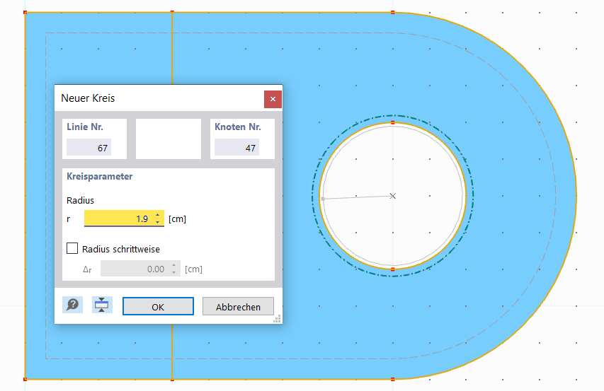 Detaillierte Ansicht zur Erstellung einer Bolzenoberfläche in einer CAD-Software zur Strukturmodellierung.