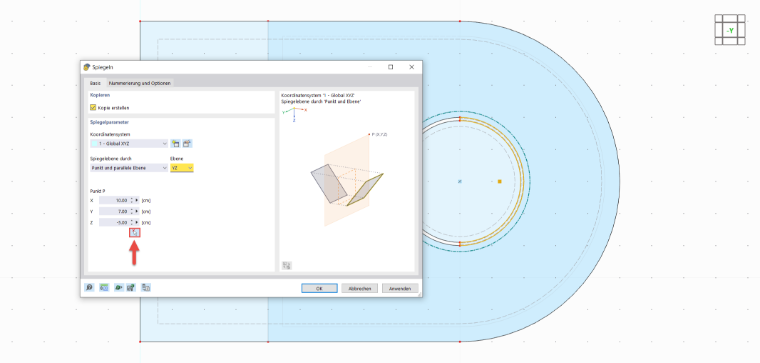 Darstellung eines gespiegelten Kontaktvolumens in einer CAD-Software für technische Anwendungen.