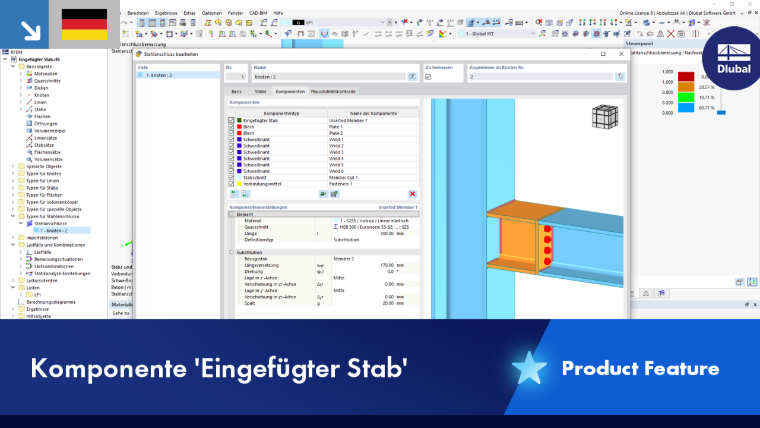 Darstellung eines eingefügten Stabs zur Erleichterung der Modellierung in einer 3D-Umgebung mit Spezifikationen.