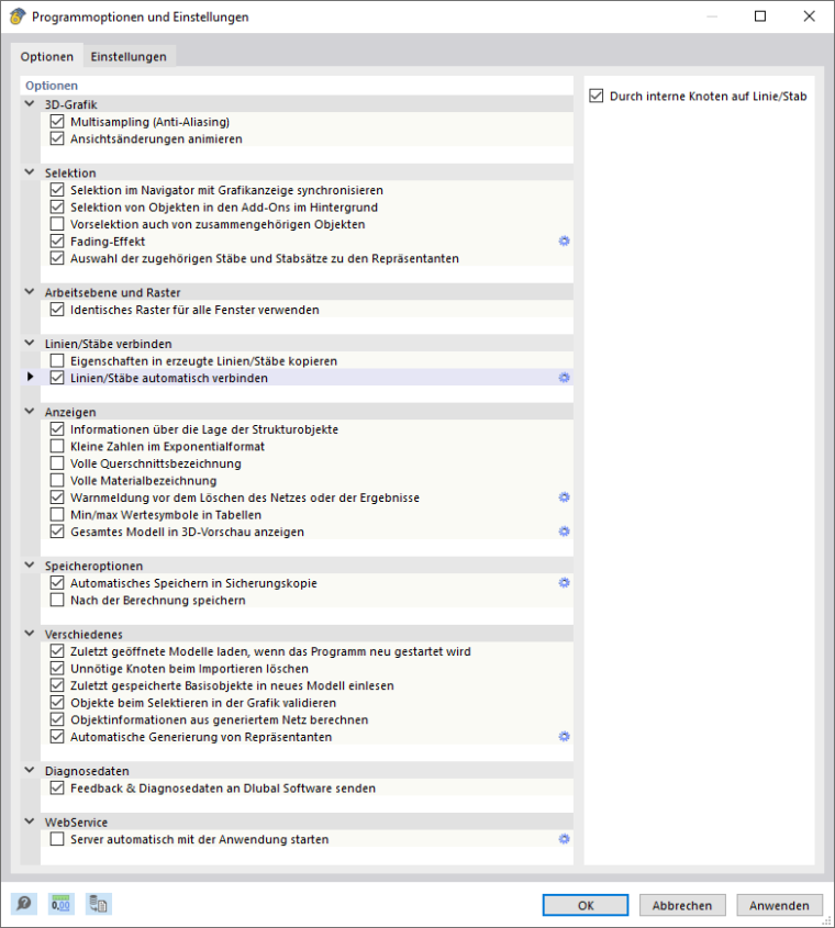 Dialog 'Programmoptionen und Einstellungen', Register 'Optionen'
