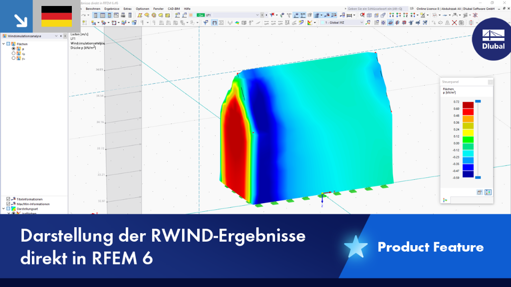 Visualisierung der RWIND-Simulationsergebnisse in der RFEM 6 Umgebung, die aerodynamische Einflüsse auf das Strukturmodell zeigt.