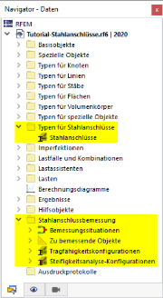 Relevante Navigator-Elemente für Stahlanschlüsse