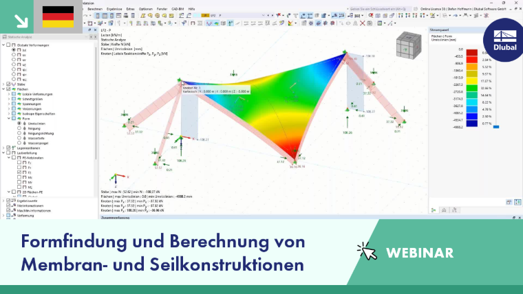 Das Bild zeigt eine technische Illustration zur Formfindung und Berechnung von Membran- und Seilkonstruktionen in RFEM 6 Webinar.