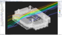 3D Modell des Old Trafford Stadions mit farblich markiertem Strömungsfeld, analysiert im RWIND Programm.