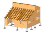 Modell eines gemauerten Gebäudes mit Stahlbetonfundamenten, das in die Statiksoftware RFEM heruntergeladen wurde.