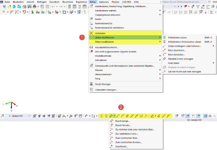 Modellierungstools im Menü 'Extras' und Schaltflächen in CAD-Symbolleiste