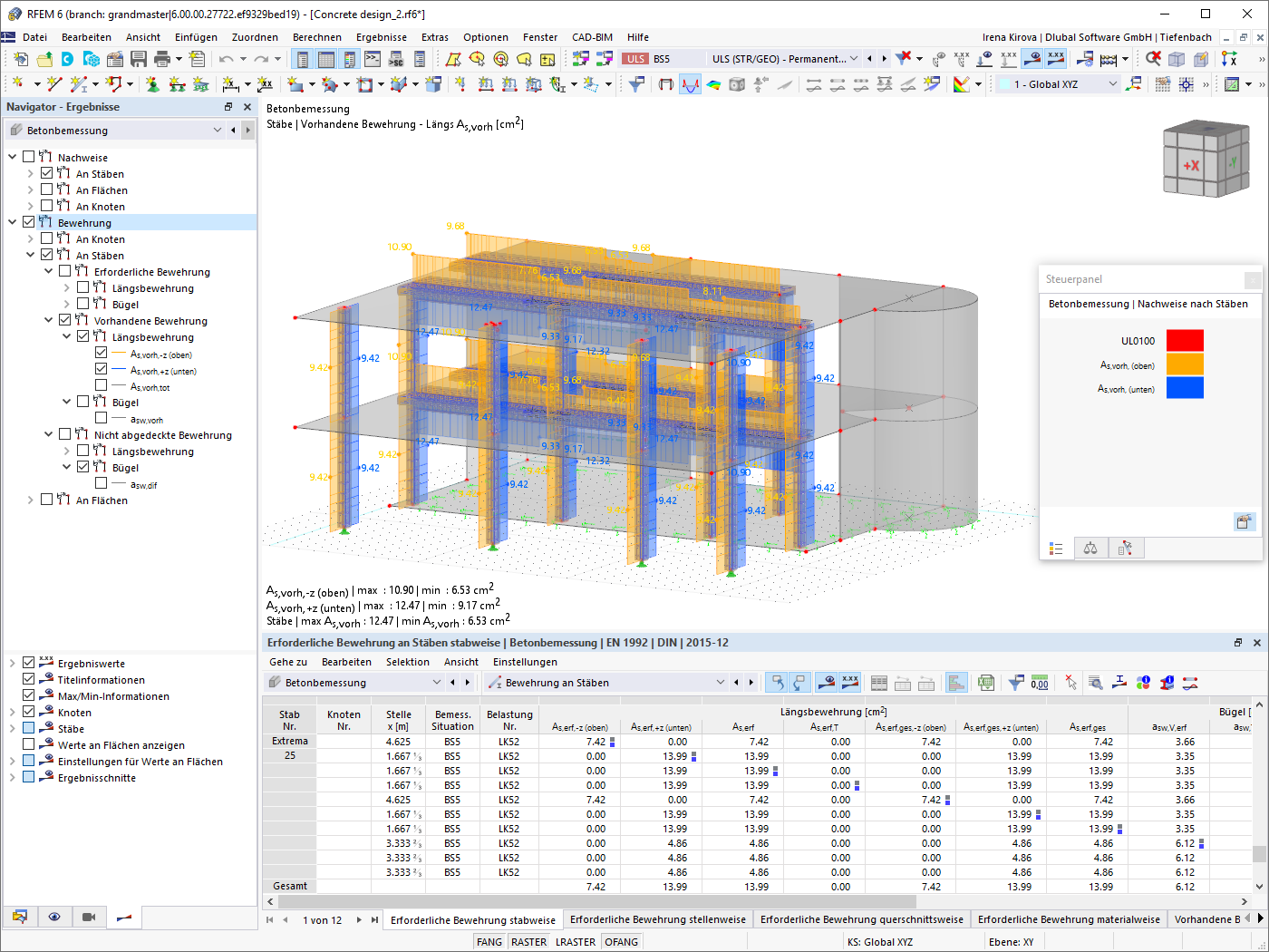 Analyse der Bewehrung an Betonstäben mit RFEM, zeigt detaillierte Ergebnisse.