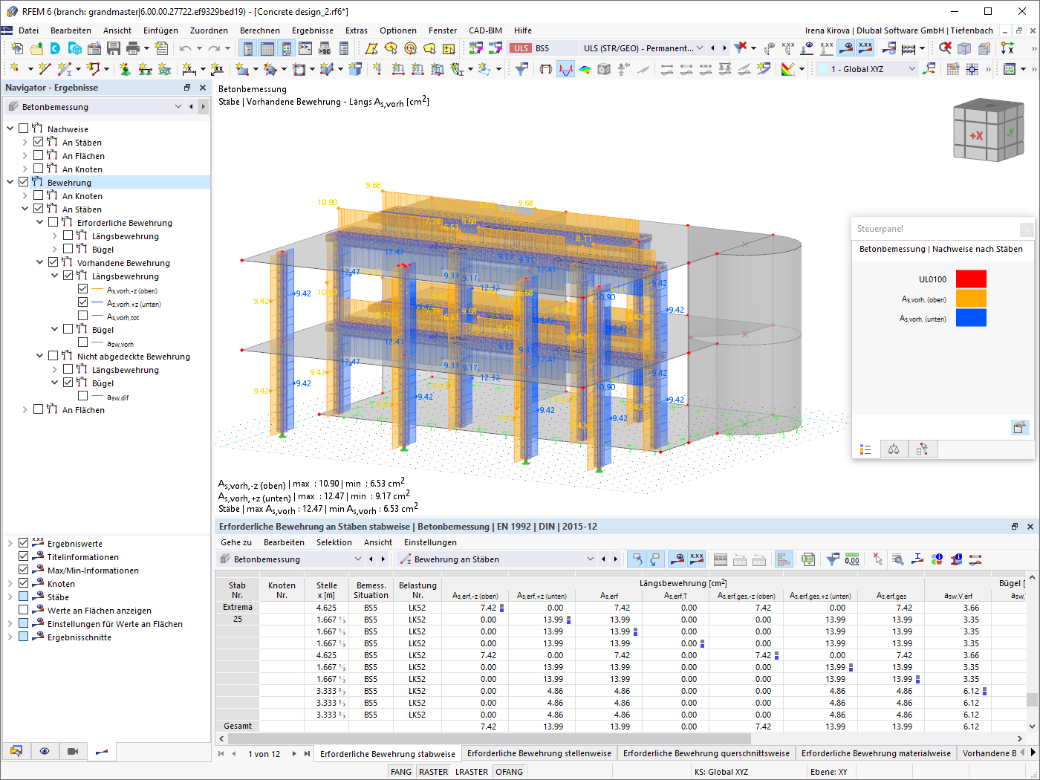 Analyse der Bewehrung an Betonstäben mit RFEM, zeigt detaillierte Ergebnisse.