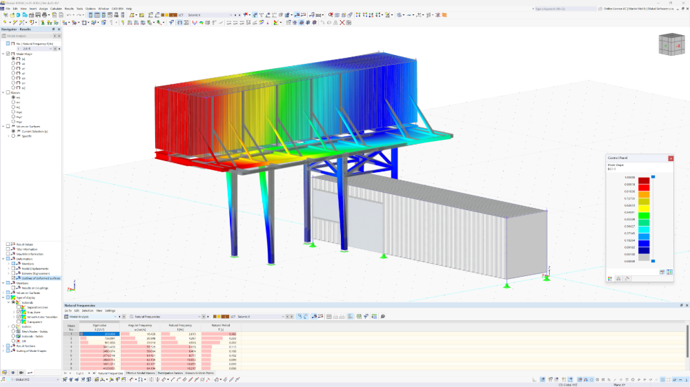 Modalanalyse der globalen Verformung einer Containerstruktur, simuliert von Modular Structural Consultants LLC.