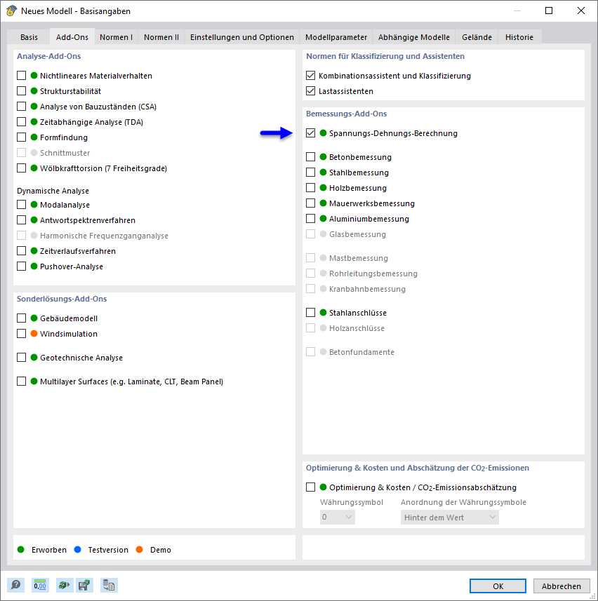 Add-On 'Spannungs-Dehnungs-Berechnung' aktivieren