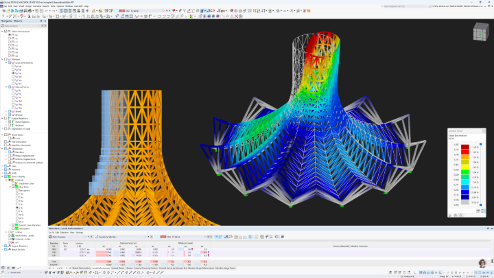 Dieses Bild zeigt eine Benutzeroberfläche der Software RFEM 6, die für die statische Berechnung und Bemessung verwendet wird. Im Hauptbereich der Benutzeroberfläche befindet sich ein komplexes 3D-Modell einer Holzkonstruktion, das in zwei verschiedenen Ansichten dargestellt wird: links eine transparente Umrissansicht und rechts eine farbige statische Analyse.