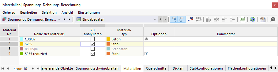 Tabelle 'Materialien' für Spannungs-Dehnungs-Berechnung