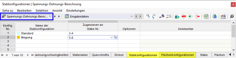 Stabkonfiguration in Tabelle zuweisen