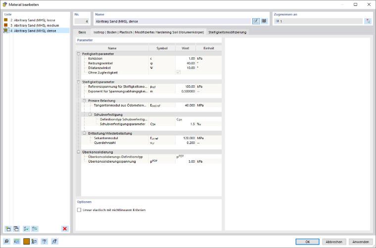 Eingabedialog - Modifiziertes Hardening Soil Modell