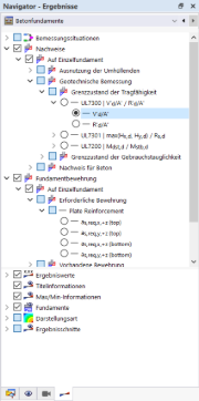 Betonfundamente werden im Navigator detailliert analysiert und die Ergebnisse angezeigt.