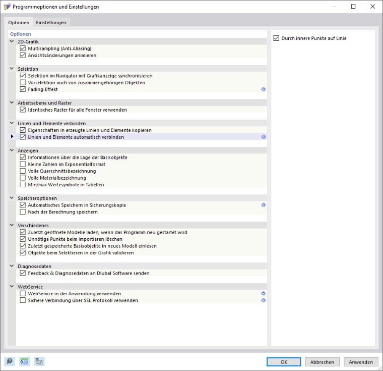 Dialog 'Programmoptionen und Einstellungen', Register 'Optionen'