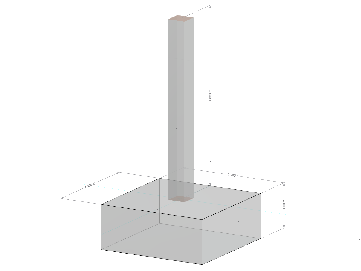Ein quadratisches Betonfundament, das eine zentrale Stahlstütze trägt, dargestellt in einer Bauzeichnung.