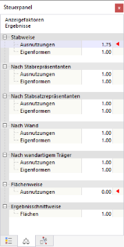 Anzeigefaktoren für Bemessungsergebnisse im Steuerpanel