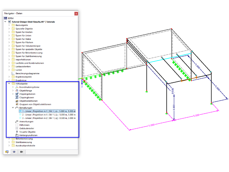 RFEM Navigator zeigt die Verwaltung von Bemaßungen in der Kategorie Hilfsobjekte