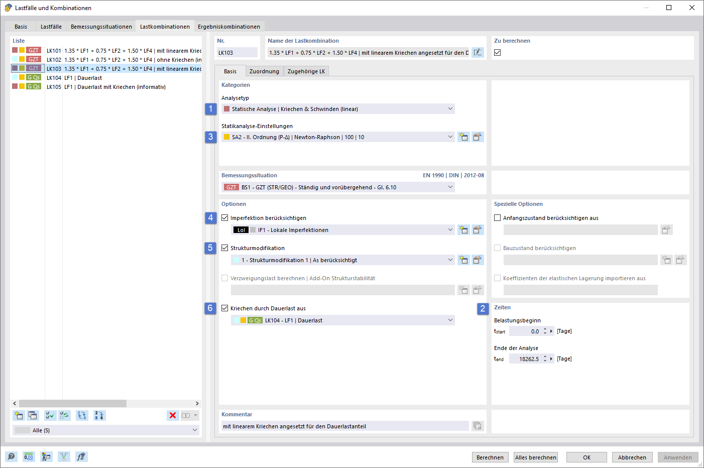 Das Bild zeigt eine nichtlineare Analyse gemäß EC2 5.8.6 mit Betonimperfektionen, Kriechen, TIIO und Strukturmodifikation.