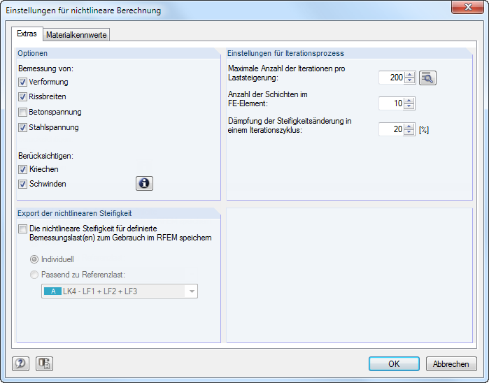 Dialogfenster für Optionen nichtlinearer Berechnungen im Register Extras