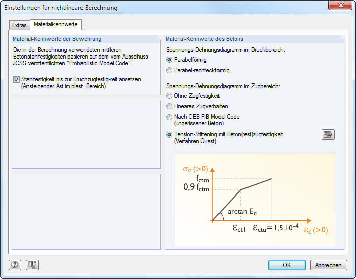 Softwaredialog zur Nichtlinearberechnung mit aktiviertem Register Materialkennwerte und diversen Eingabefeldern.