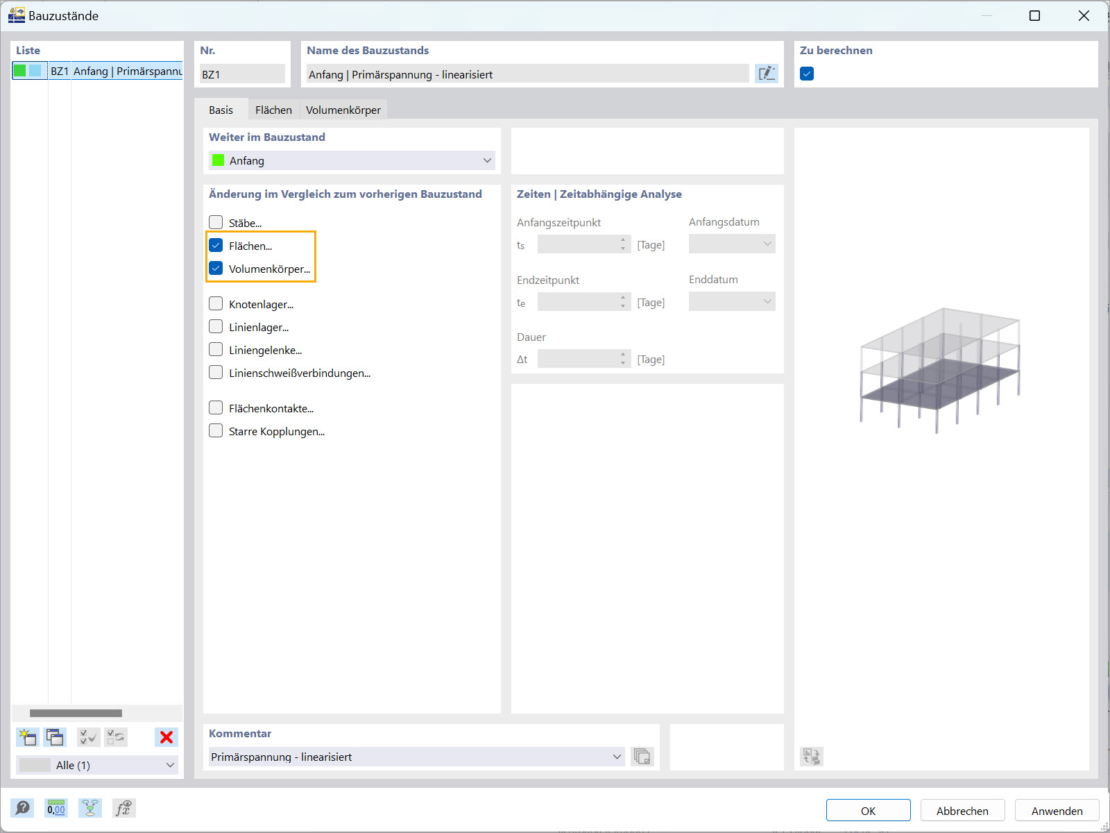RFEM 6-Oberfläche mit Objektselektion für Bauzustandsänderungen