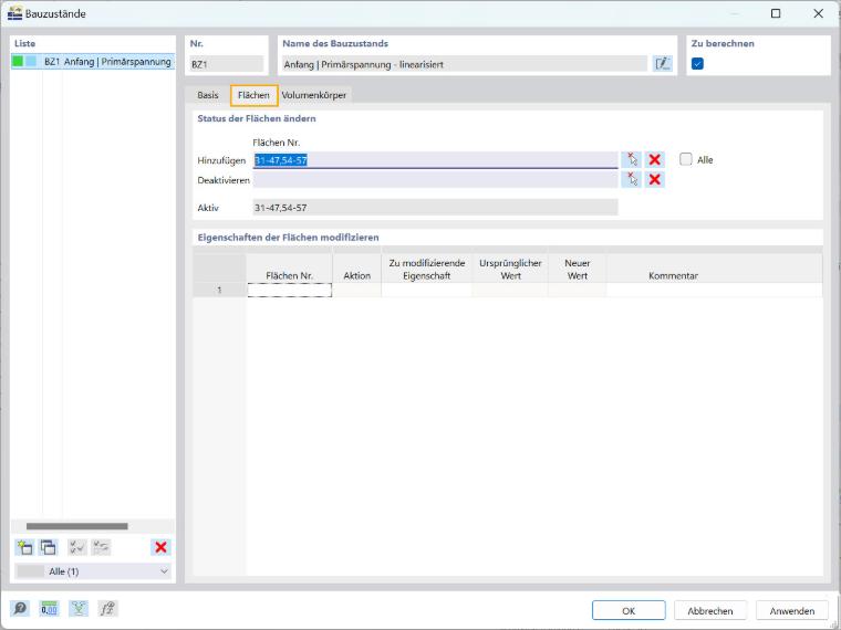 Änderung des Flächenstatus in einem Bauzustand in RFEM 6