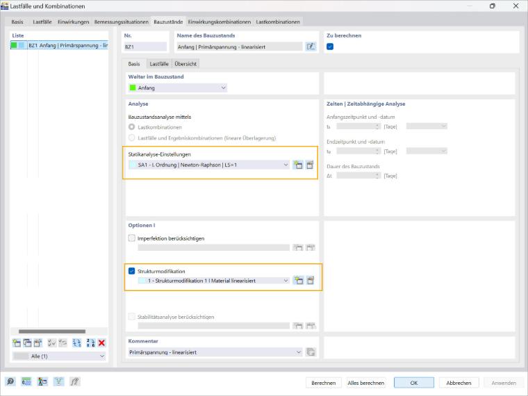 RFEM 6 - Bauzustände - Register 'Basis' in Lastfällen und Kombinationen