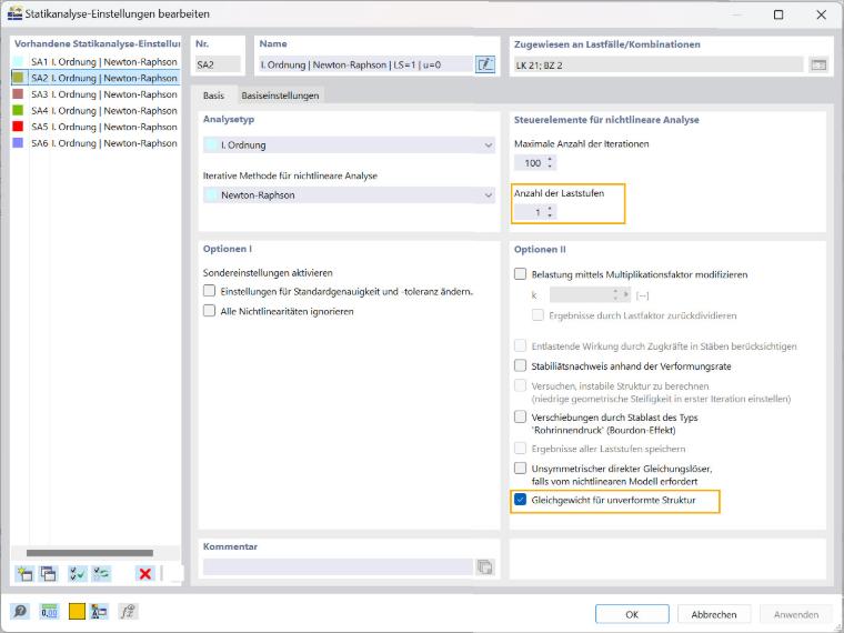 RFEM 6-Schnittstelle für die Einstellungen der Bauzustandsanalyse
