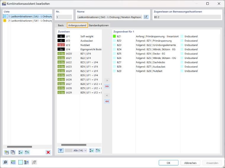 RFEM 6-Kombinationsassistent für die Lasteinstellungen der Bauzustände