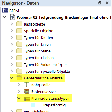 Navigator-Ansicht | Pfahlwiderstandstypen, Stabtyp und Pfahl, Auswahlmenü
