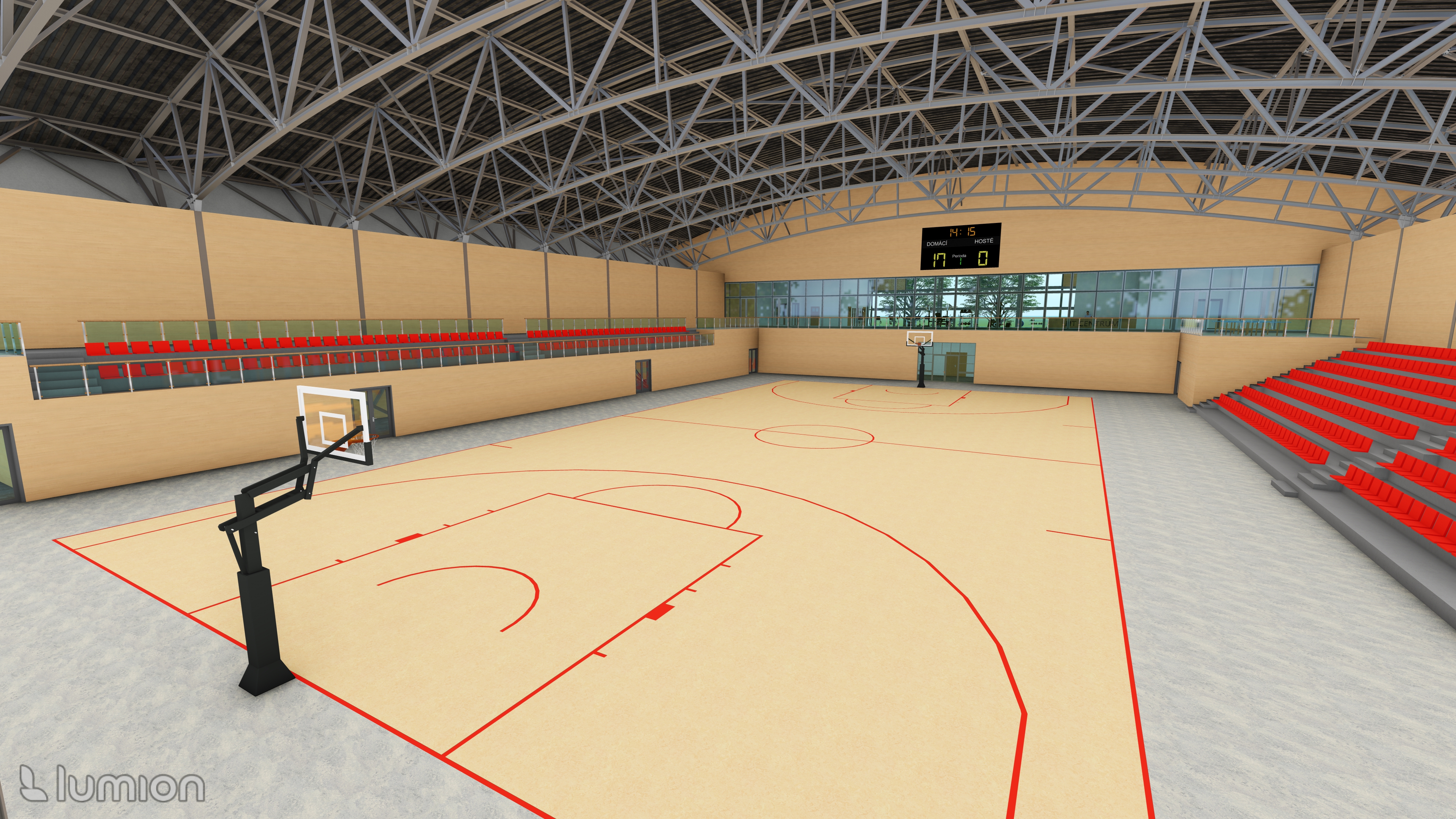 Visualisierung des Innenraums einer Sporthalle mit einer Stahlkonstruktion und ihren Details