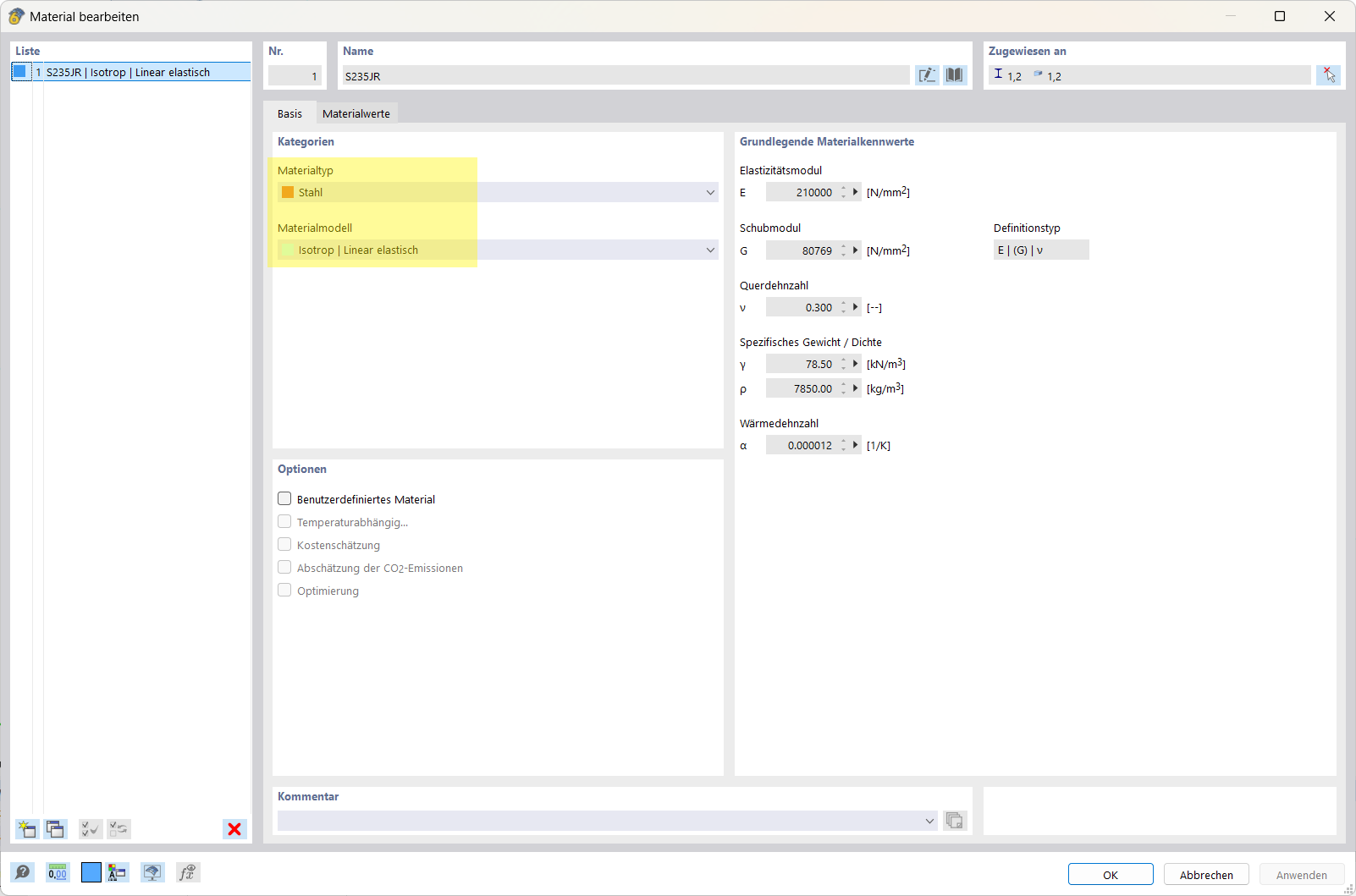 Beulfigur eines Kragarms mit angezeigten Materialdaten im RFEM Add-On für Strukturstabilität