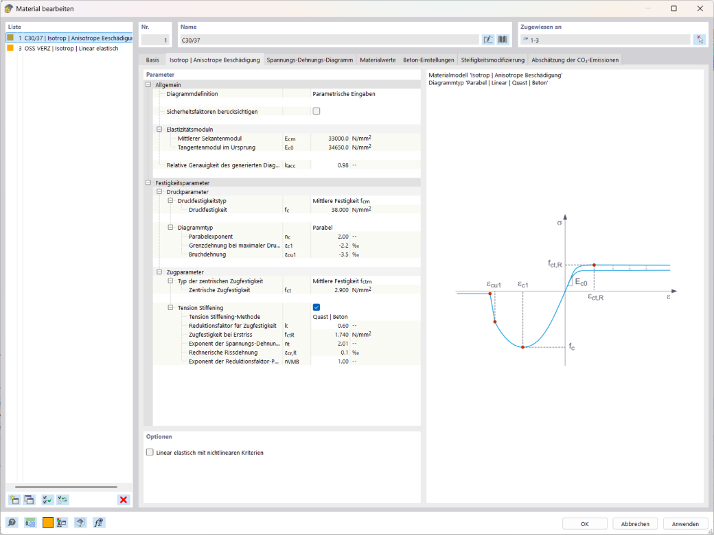 Materialmodell Isotrop | Anisotrope Beschädigung, nichtlineares Verhalten, Beton und Stahlbeton