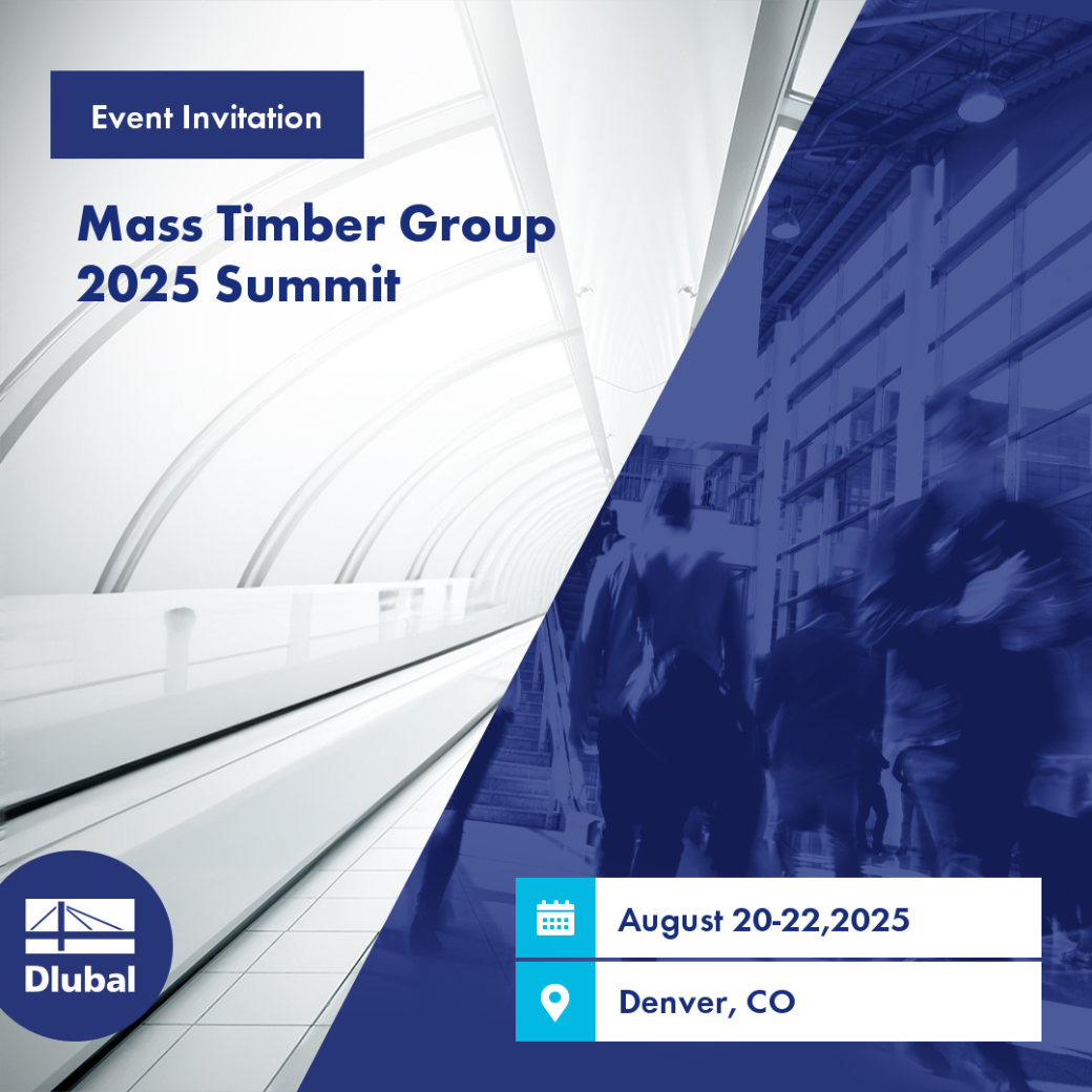 Eine Einladungsgrafik für den Mass Timber Group Summit 2025, der vom 20. bis 22. August 2025 stattfindet.