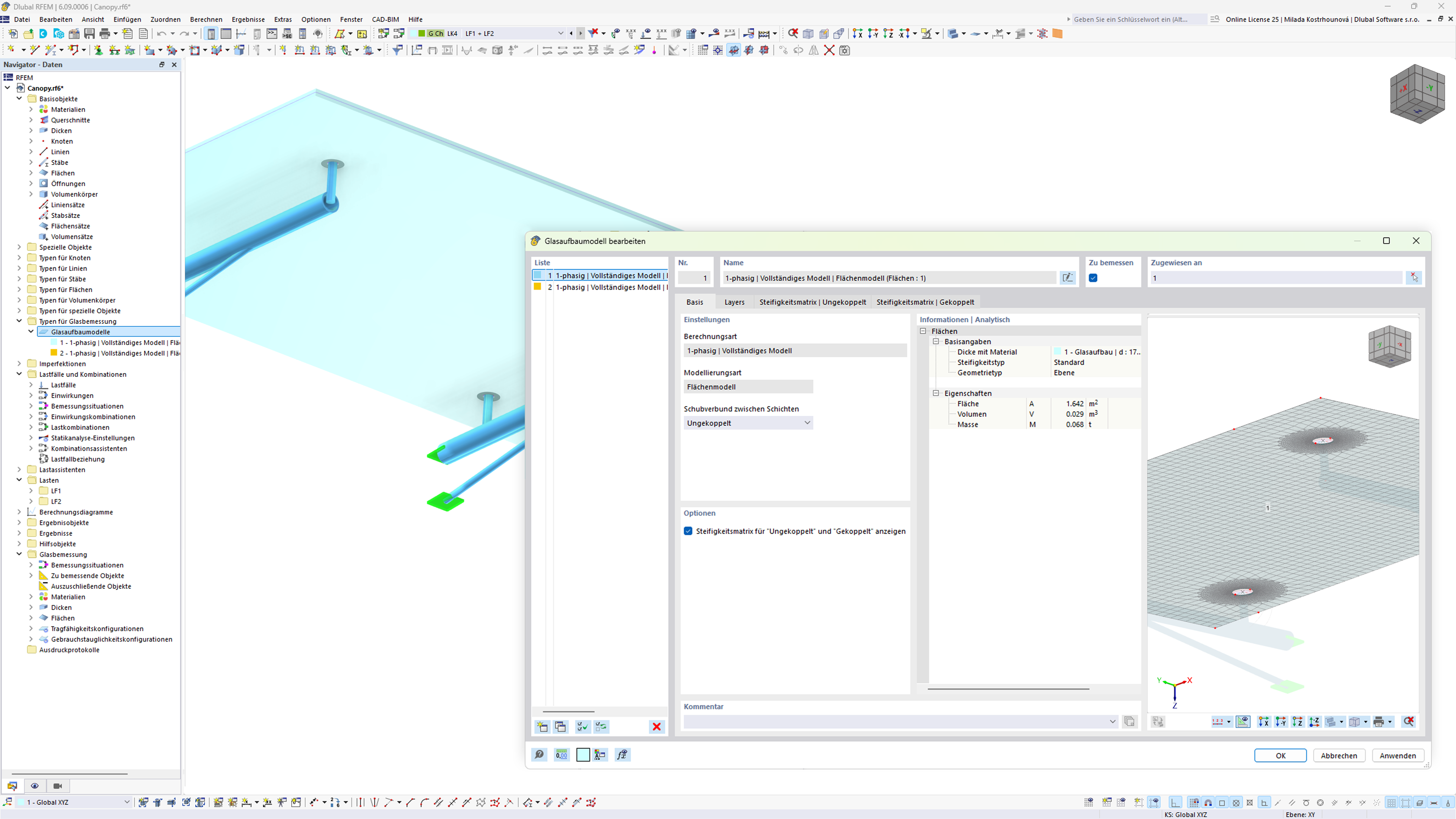 Dialogfenster zur Darstellung des Glasaufbaumodells mit Punktauflagern im RFEM 6-Add-On