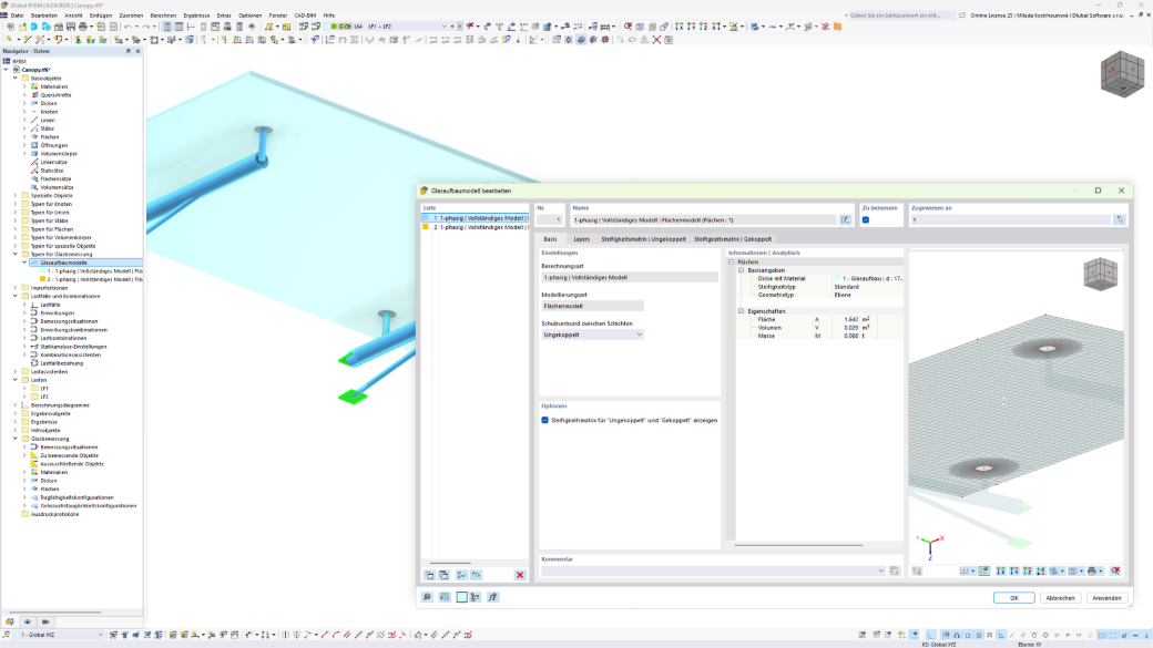 Dialogfenster zur Darstellung des Glasaufbaumodells mit Punktauflagern im RFEM 6-Add-On