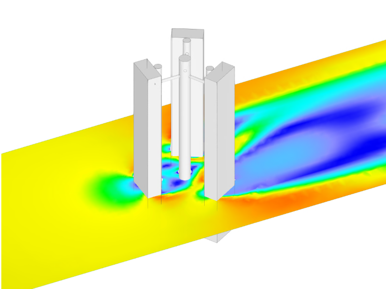 Modell der Windsimulation an einer Antenne mit farbcodierten Belastungsintensitäten unter aerodynamischem Druck.