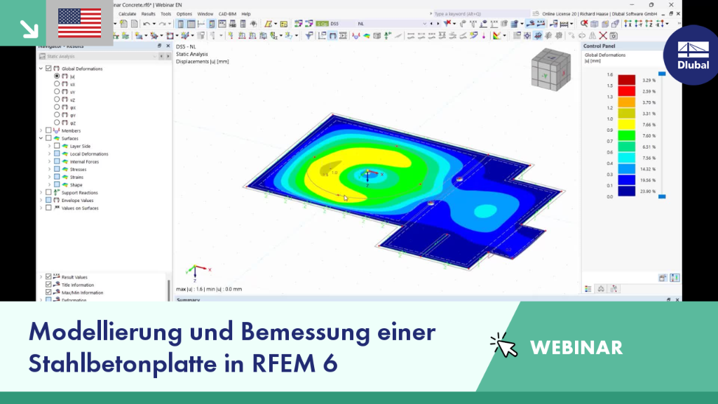 Webinar-Folie zum Thema Modellierung und Bemessungstechniken für Stahlbetonplatten.