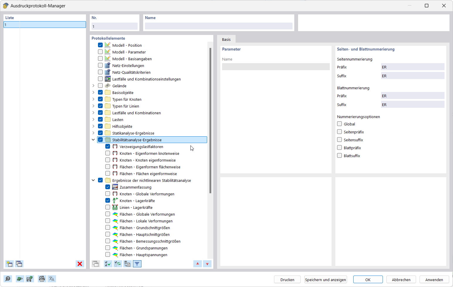 Das Bild zeigt, wie Protokollelemente im Druckmanager ausgewählt werden.