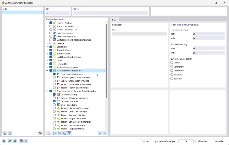 Das Bild zeigt, wie Protokollelemente im Druckmanager ausgewählt werden.