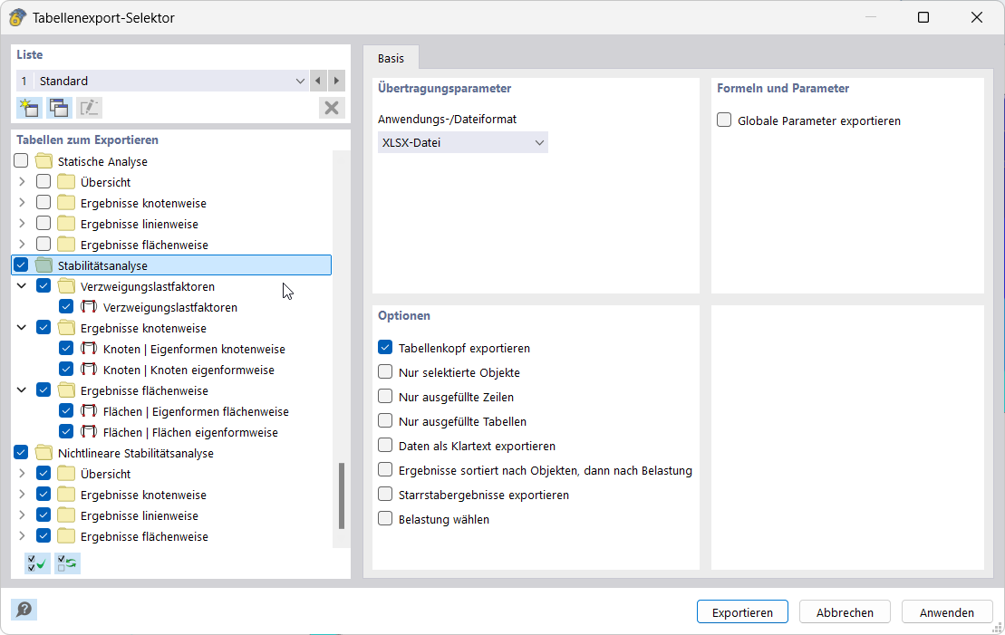 Der RFEM-Dialog ermöglicht die Auswahl und den Export von Tabellen mit diversen Einstelloptionen.