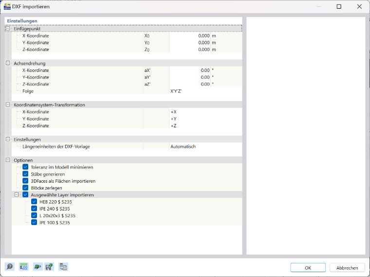 Das Bild zeigt die Einstellungen für den Import von AutoCAD-DXF in RFEM 6.