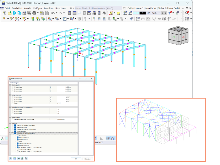 Import ausgewählter Schichten von DXF-Dateien nach RFEM 6, mit gezielter Eingabe der wichtigen Bauteile.