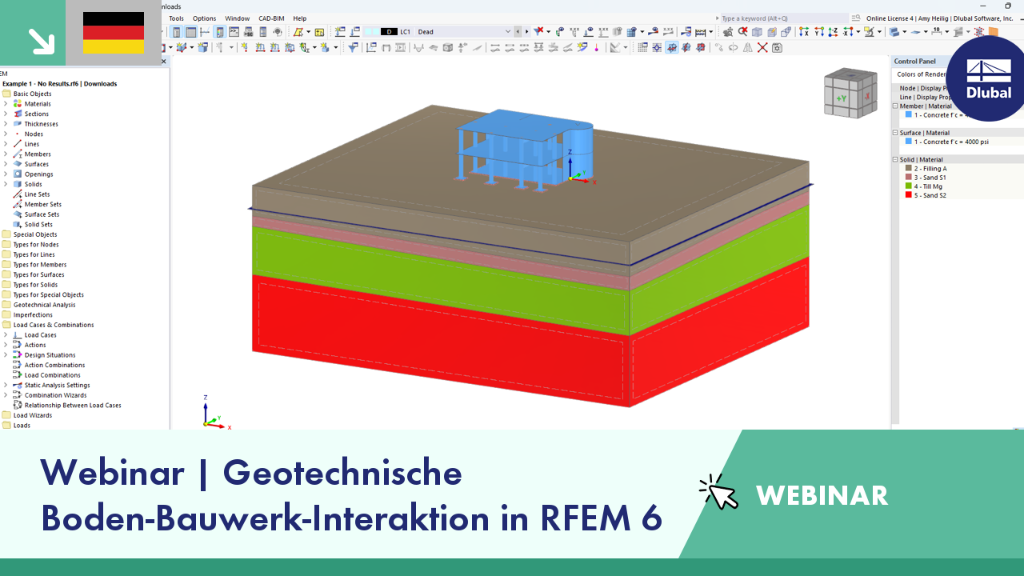 Webinar zur geotechnischen Interaktion zwischen Boden und Bauwerk mit RFEM 6, in dem interaktive Tools zur Analyse der Interaktionen vorgestellt werden.