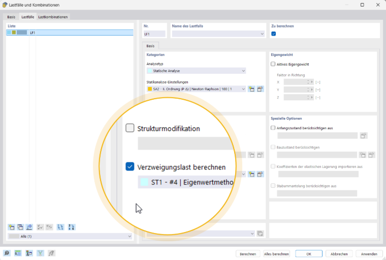 Analyse eines Bauwerks mit einem Add-On zur Stabilitätsuntersuchung für Lastfälle und Kombinationen.