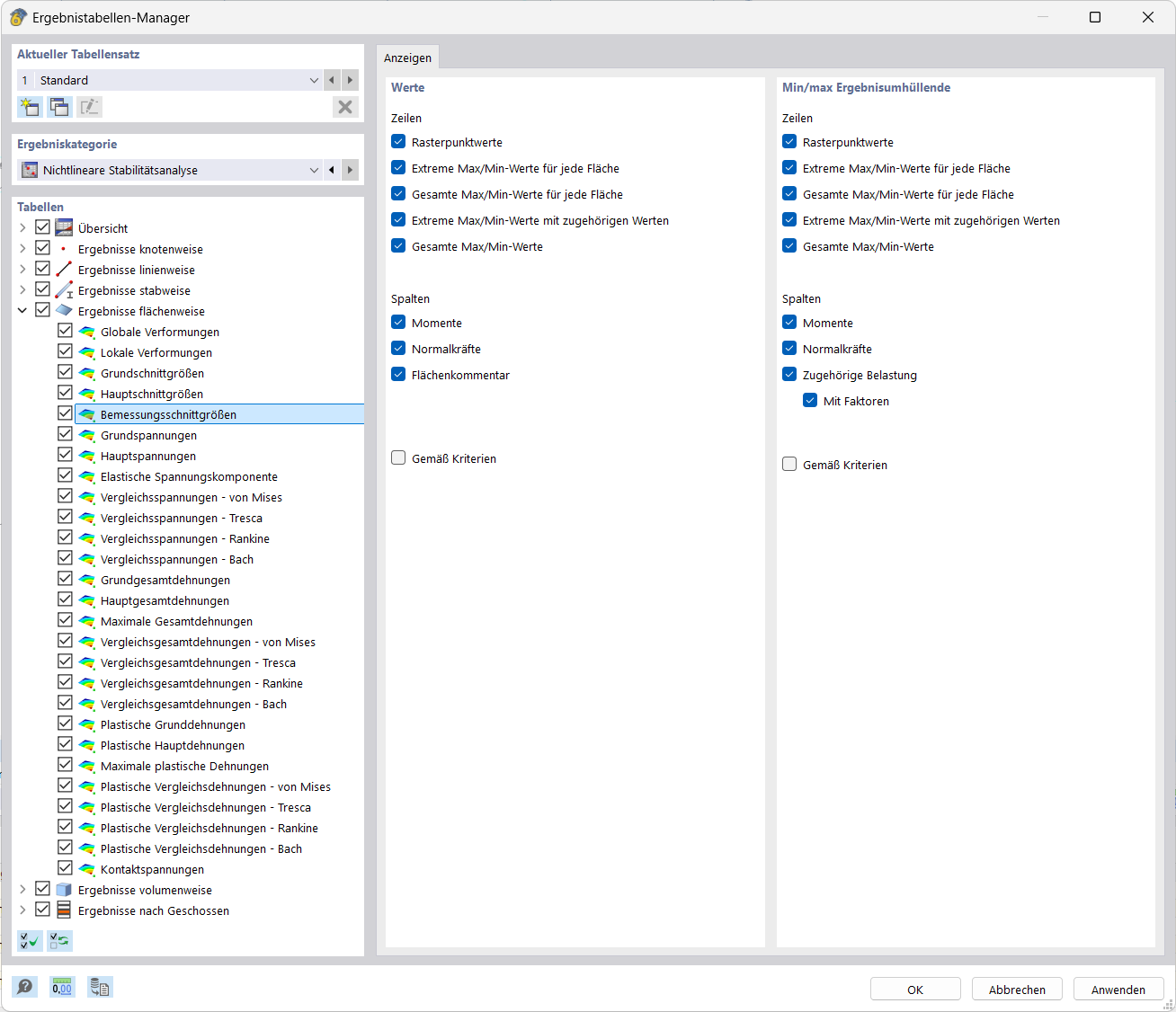 Der Ergebnistabellen-Manager zeigt Übersichtsdetails von Ergebnissen, die durch inkrementelle Rechenmethoden in Dlubal-Software erzielt werden.